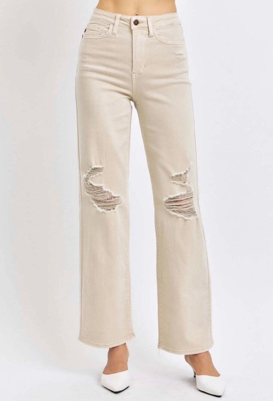 Judy Blue Retro Rebel High Rise Distressed Wide Leg Jeans in Bone Sz 7/28 Women